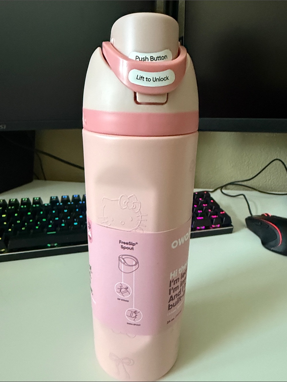 Owala Hello Kitty Pink Travel Water Bottle with Push-Button Lid